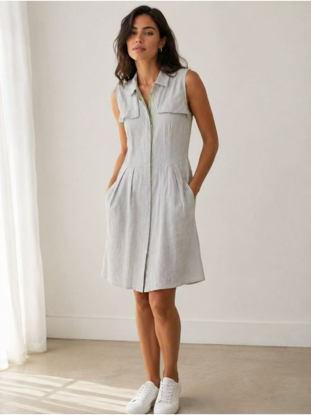 Tahari Midi Dress Gray Striped Sleeveless With Pockets Size 6 Womens